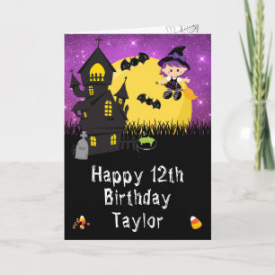 Halloween Witch Paars Happy Birthday Kaart