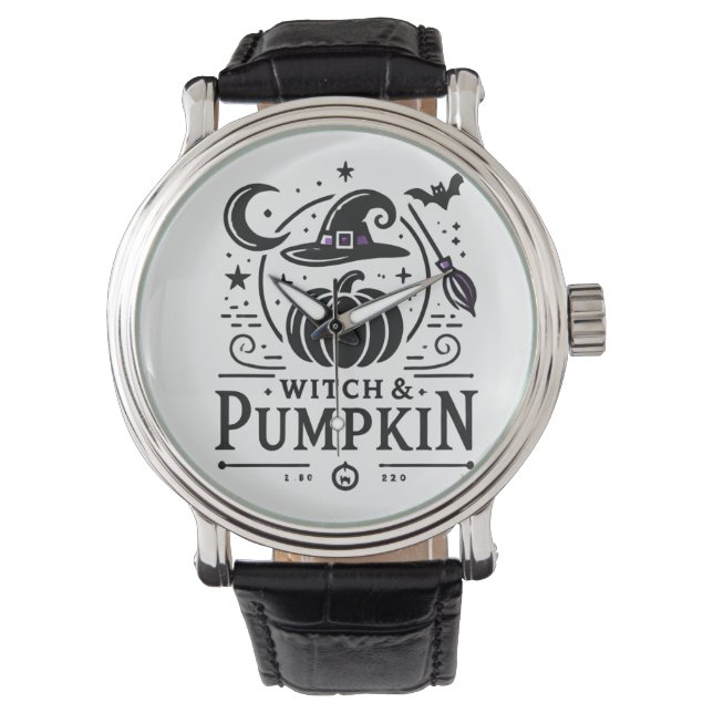 Halloween Witch Pet en Pompoen Ontwerp Magic Art Horloge (Voorkant)