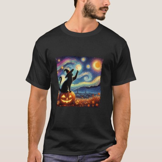 Halloween Witch Pet Sterrennacht Cat Van Gogh Cat T-shirt (Voorkant)