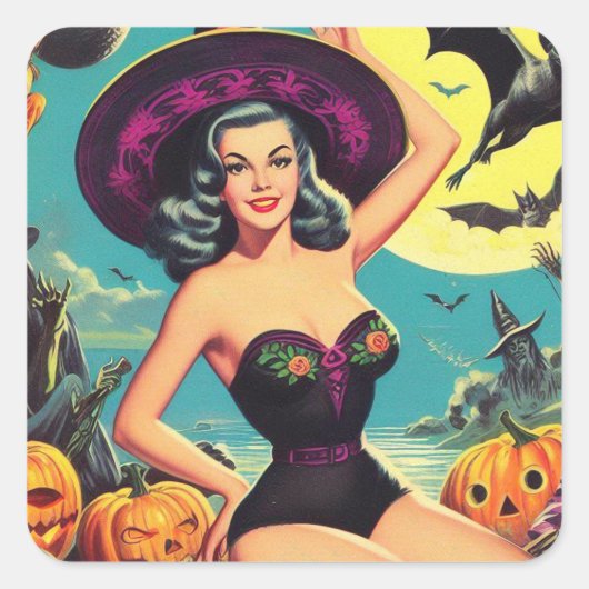  Halloween Witch Pin Up Vierkante Sticker (Voorkant)