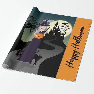 Halloween Witch Pumpkin Black cat Jouw tekst Cadeaupapier