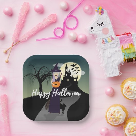 Halloween Witch Pumpkin Black cat Jouw tekst Papieren Bordje (Feest)