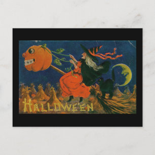 Halloween Witch Pumpkin Broomstick Vintage Briefkaart