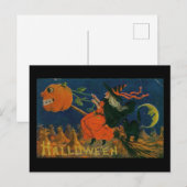 Halloween Witch Pumpkin Broomstick Vintage Briefkaart (Voorkant / Achterkant)