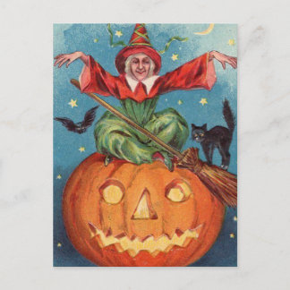 Halloween Witch, Pumpkin & Owl Feestdagenkaart