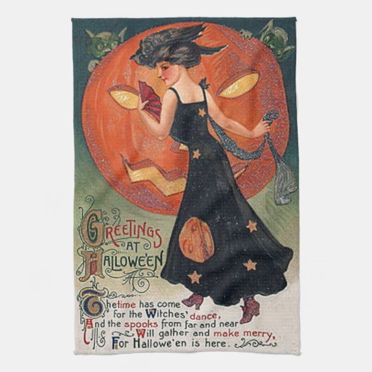 Halloween Witch & Pumpkins Theedoek (Verticaal)