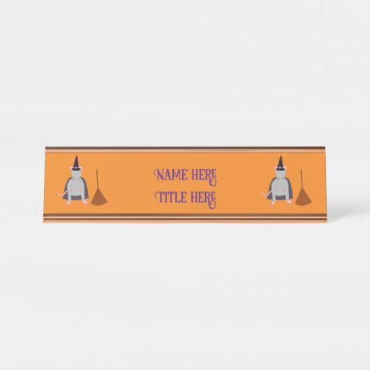 Halloween Witch Rat en Broom Custom Bureau Naambordje (Voorkant)