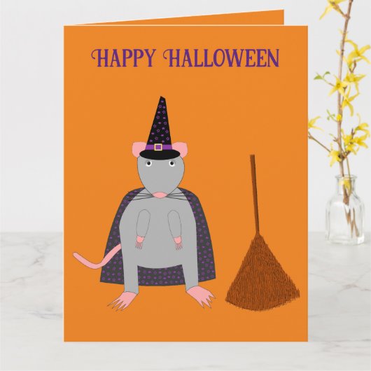 Halloween Witch Rat en Broom Custom Kaart (Gele Bloem)