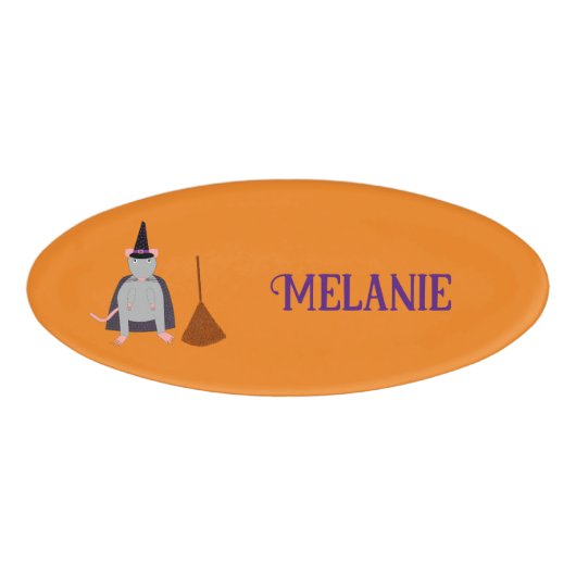 Halloween Witch Rat en Broom Custom Naam Naambadge (Voorkant)