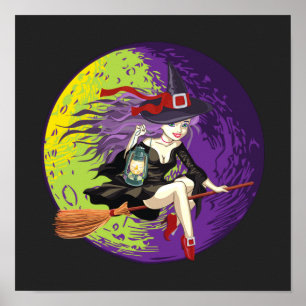 Halloween Witch Riding Broom Poster