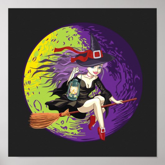 Halloween Witch Riding Broom Poster (Voorkant)