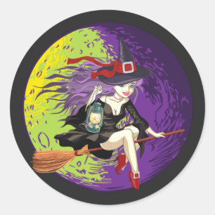Halloween Witch Riding Broom Ronde Sticker