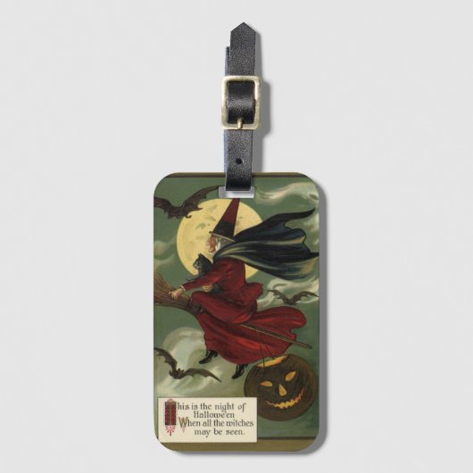  Halloween Witch Riding Broomstick met kat Bagagelabel (Voorkant (verticaal))