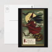 Halloween Witch Riding Broomstick met kat Briefkaart (Voorkant / Achterkant)