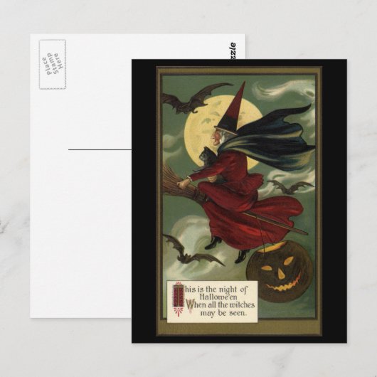 Halloween Witch Riding Broomstick met kat Briefkaart (Voorkant / Achterkant)