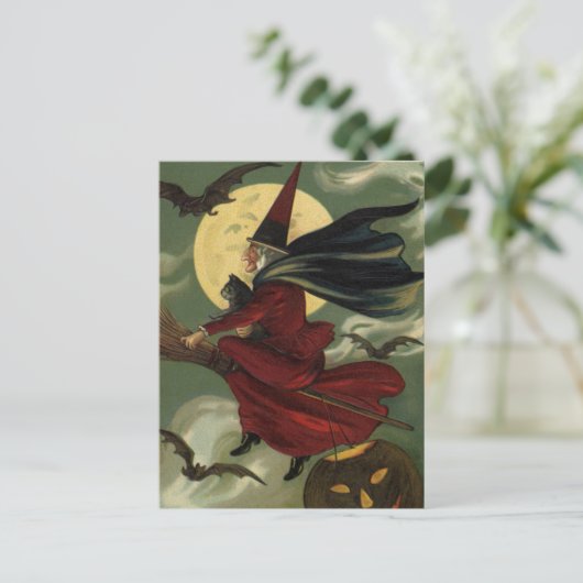  Halloween Witch Riding Broomstick met kat Briefkaart (Staand voorkant)