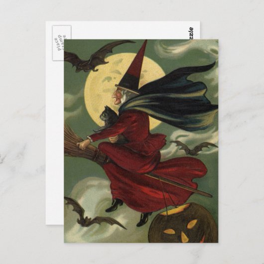  Halloween Witch Riding Broomstick met kat Briefkaart (Voorkant / Achterkant)