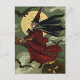 Halloween Witch Riding Broomstick met kat Briefkaart
