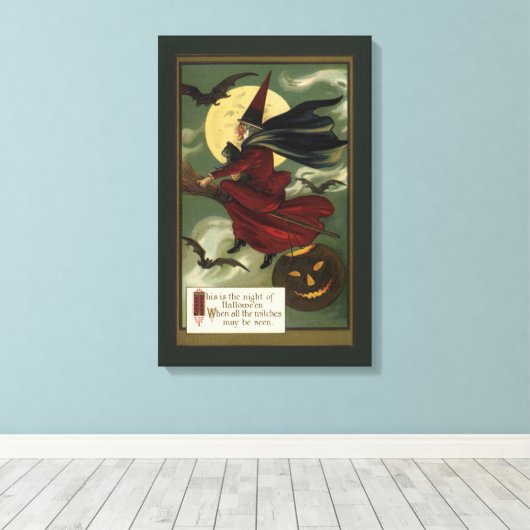  Halloween Witch Riding Broomstick met kat Canvas Afdruk (Insitu (Houten vloer))