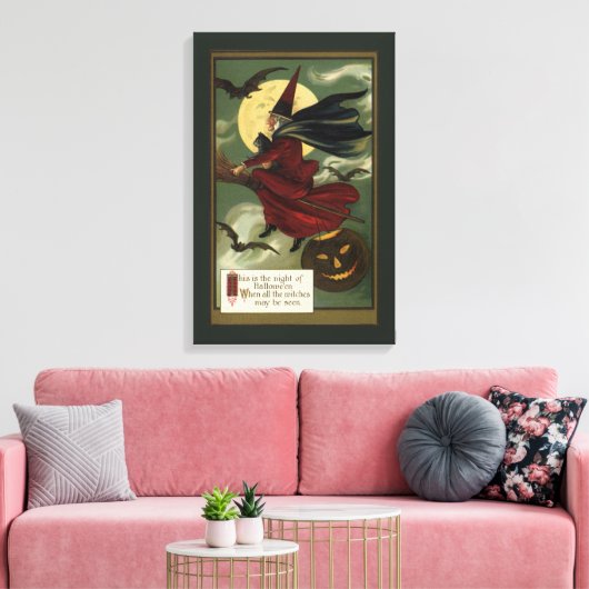  Halloween Witch Riding Broomstick met kat Canvas Afdruk (Insitu (Woonkamer))