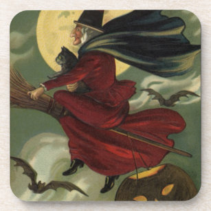 Halloween Witch Riding Broomstick met kat Drankjes Onderzetter