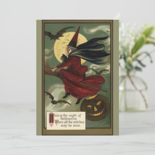  Halloween Witch Riding Broomstick met kat Kaart (Staand voorkant)