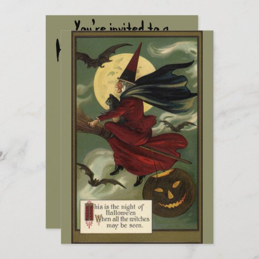  Halloween Witch Riding Broomstick met kat Kaart (Voorkant / Achterkant)