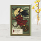 Halloween Witch Riding Broomstick met kat Kaart (Gele Bloem)
