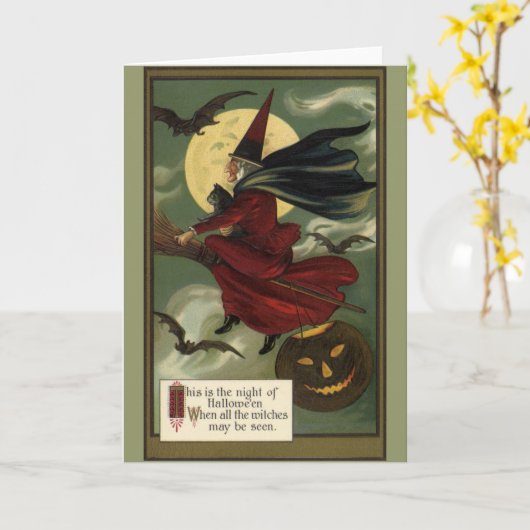  Halloween Witch Riding Broomstick met kat Kaart (Gele Bloem)