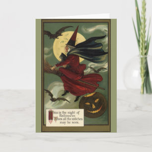  Halloween Witch Riding Broomstick met kat Kaart