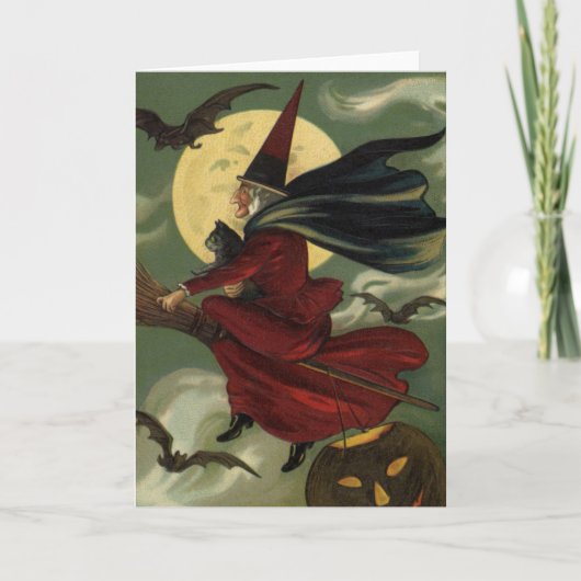  Halloween Witch Riding Broomstick met kat Kaart (Voorkant)
