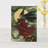  Halloween Witch Riding Broomstick met kat Kaart (Gele Bloem)