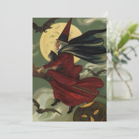 Halloween Witch Riding Broomstick met kat Kaart (Staand voorkant)