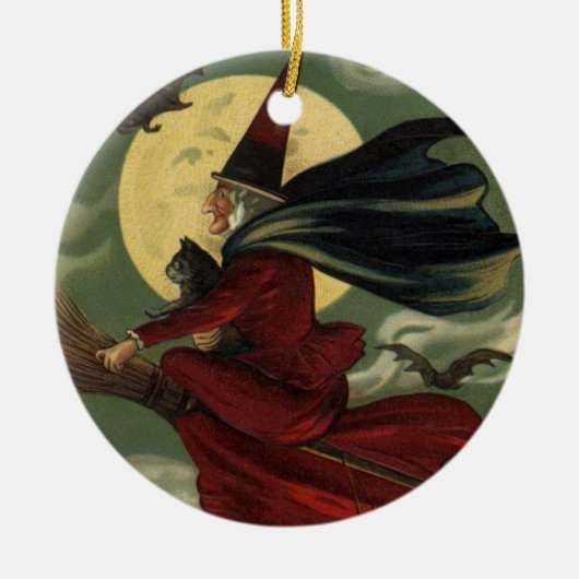 Halloween Witch Riding Broomstick met kat Keramisch Ornament (Voorkant)