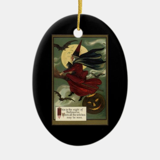 Halloween Witch Riding Broomstick met kat Keramisch Ornament (Voorkant)
