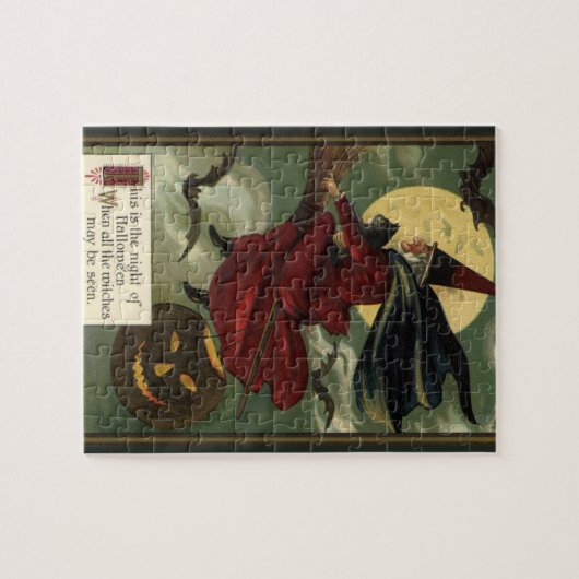  Halloween Witch Riding Broomstick met kat Legpuzzel (Horizontaal)