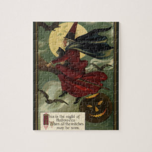 Halloween Witch Riding Broomstick met kat Legpuzzel
