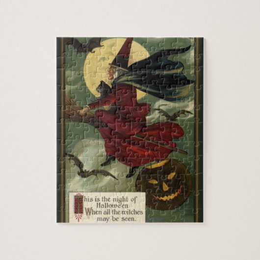  Halloween Witch Riding Broomstick met kat Legpuzzel (Verticaal)