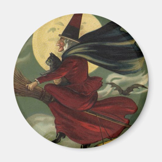  Halloween Witch Riding Broomstick met kat Magneet (Voorkant)
