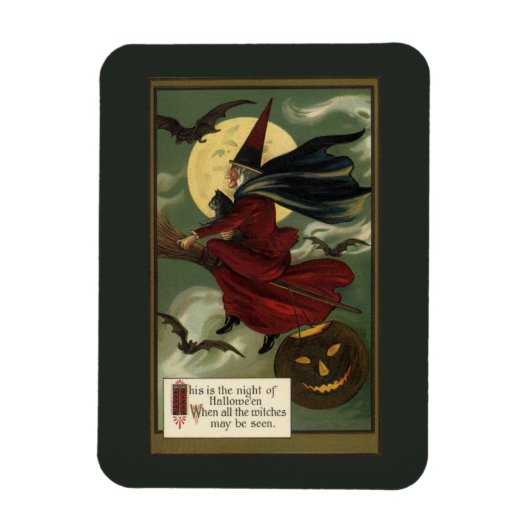 Halloween Witch Riding Broomstick met kat Magneet (Verticaal)