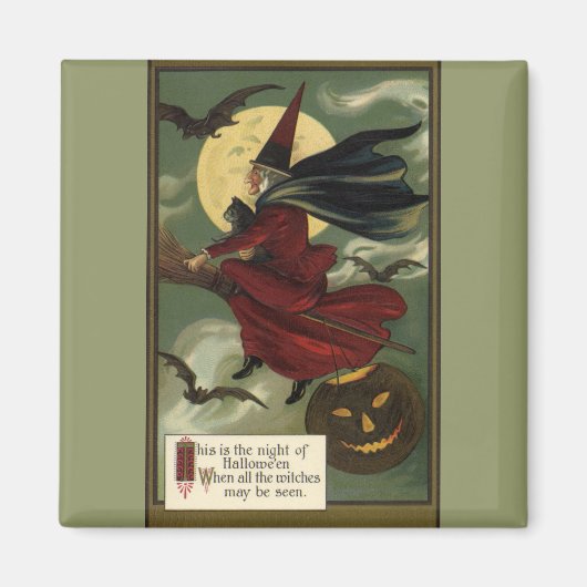 Halloween Witch Riding Broomstick met kat Magneet (Voorkant)