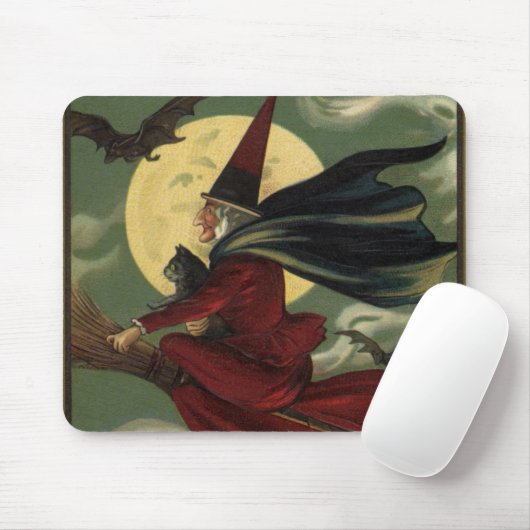 Halloween Witch Riding Broomstick met kat Muismat (Met muis)