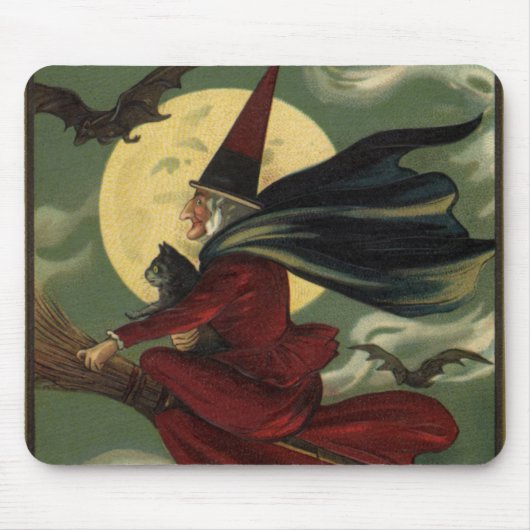  Halloween Witch Riding Broomstick met kat Muismat (Voorkant)