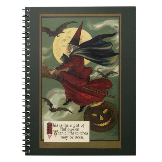  Halloween Witch Riding Broomstick met kat Notitieboek (Voorkant)