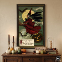  Halloween Witch Riding Broomstick met kat