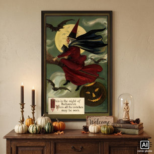 Halloween Witch Riding Broomstick met kat Poster
