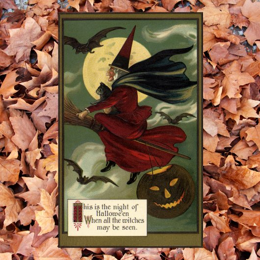  Halloween Witch Riding Broomstick met kat Poster