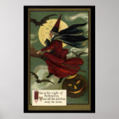  Halloween Witch Riding Broomstick met kat Poster (Voorkant)