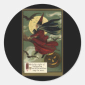  Halloween Witch Riding Broomstick met kat Ronde Sticker (Voorkant)