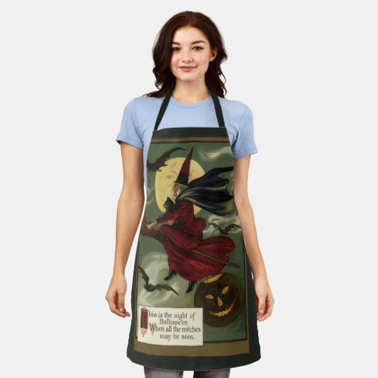 Halloween Witch Riding Broomstick met kat Schort (Gedragen)